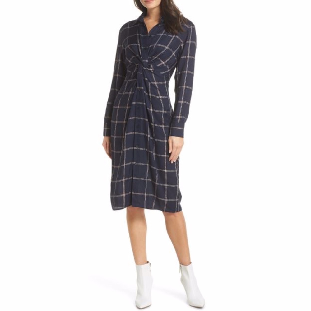 CHARLES HENRY Twist Knot Shirtdress in Navy Checke